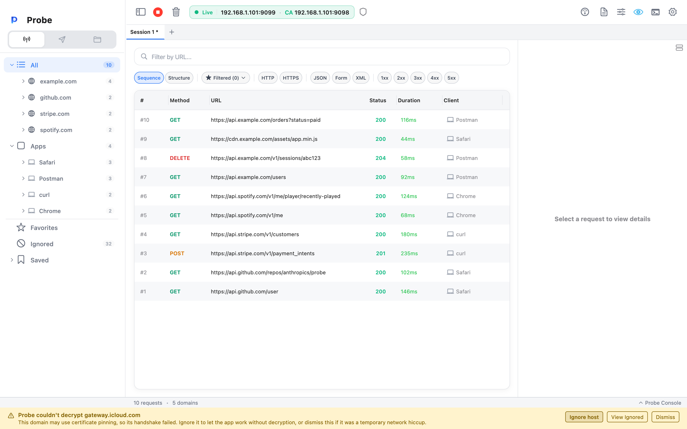 Yellow SSL-pinning banner at the bottom of the main window reading "Probe couldn't decrypt gateway.icloud.com" with "Ignore host", "View Ignored", and "Dismiss" buttons