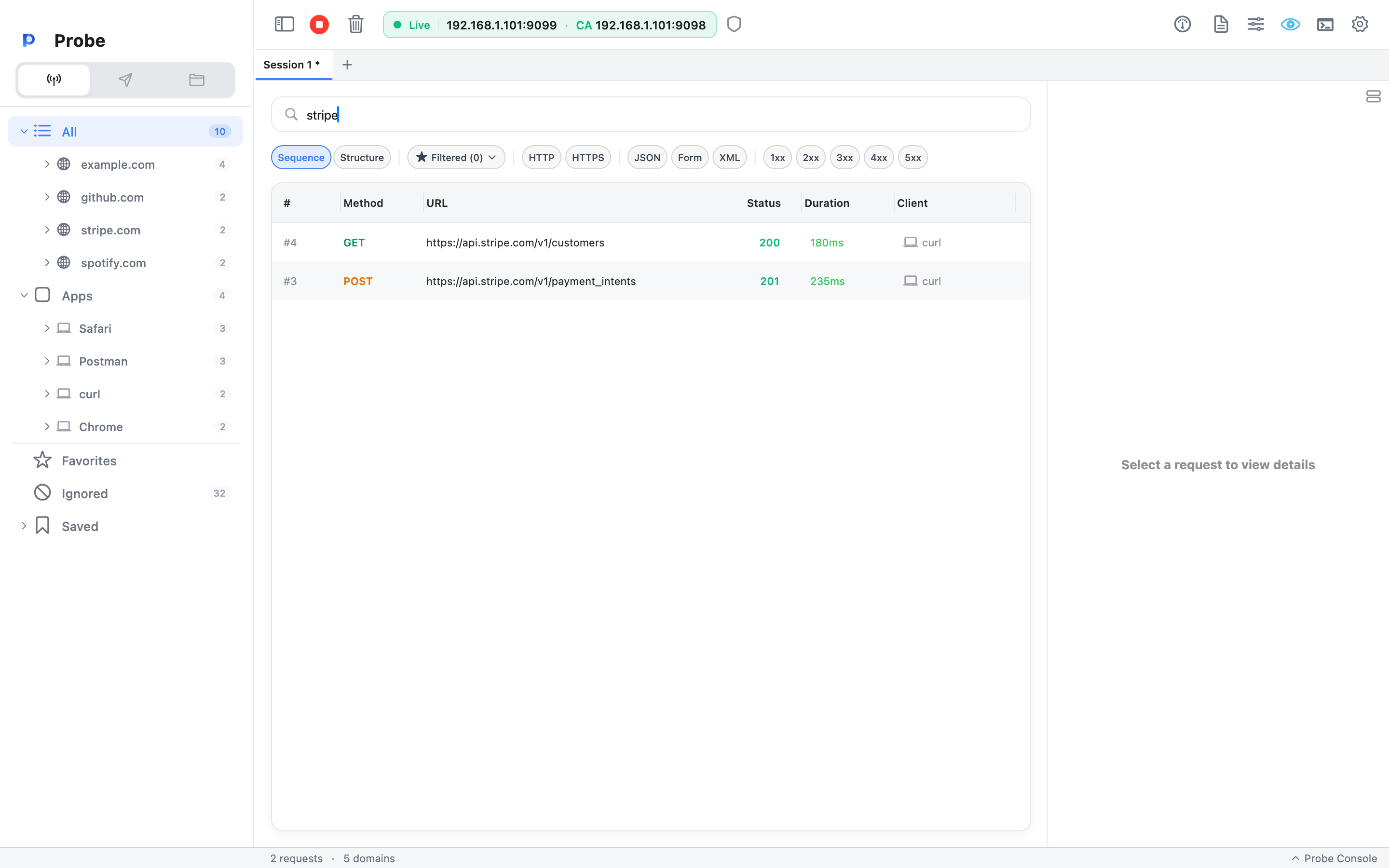 Log table filtered by the query "stripe" in the search field — only the two api.stripe.com rows remain visible