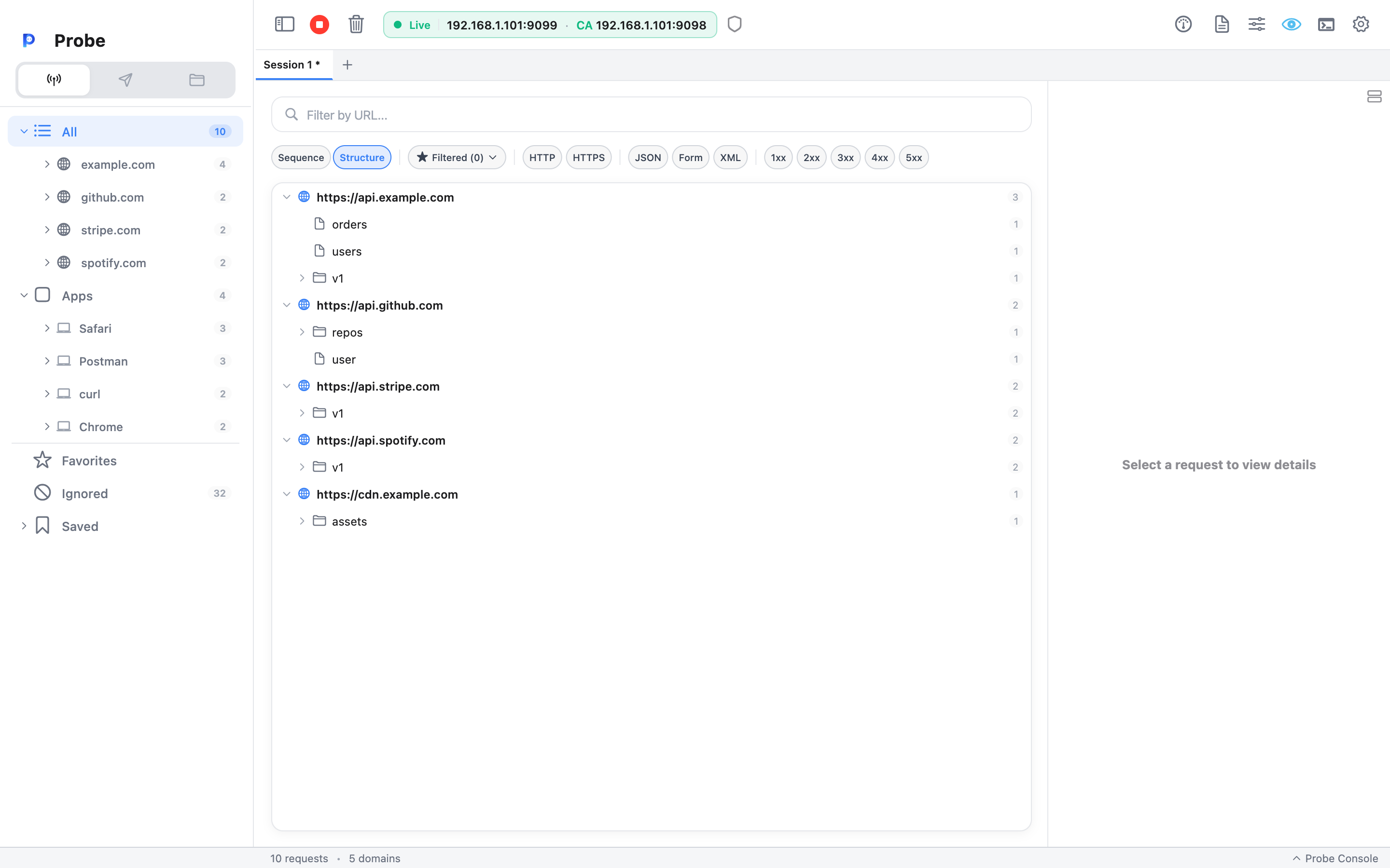 Log table in Structure view: captured traffic grouped into a tree by host (api.example.com, api.github.com, api.stripe.com …) with expandable path-segment nodes and a per-node request count