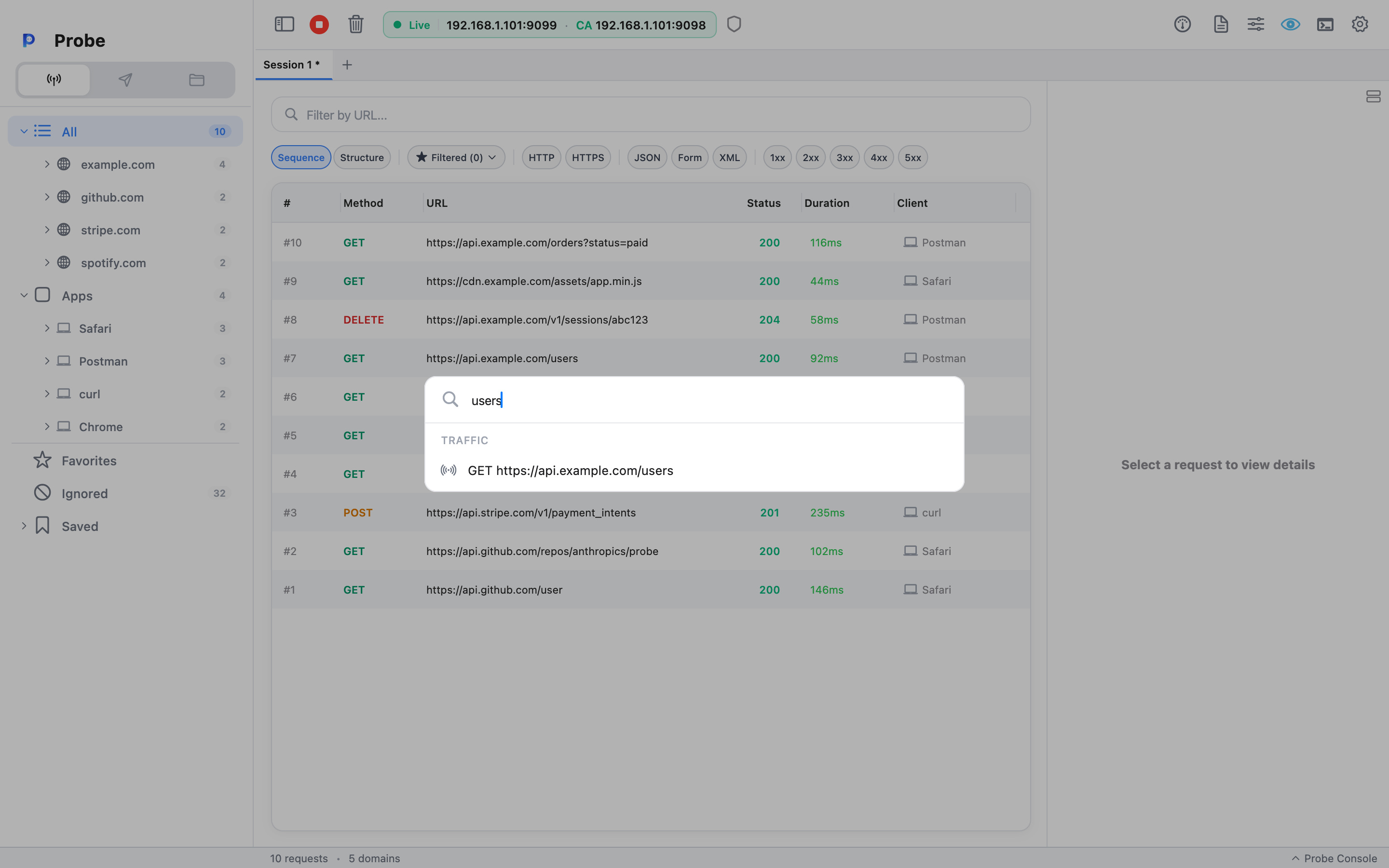 The Super Search command palette open over the main window: a search input with the query "users" and a TRAFFIC section listing a matching GET https://api.example.com/users request