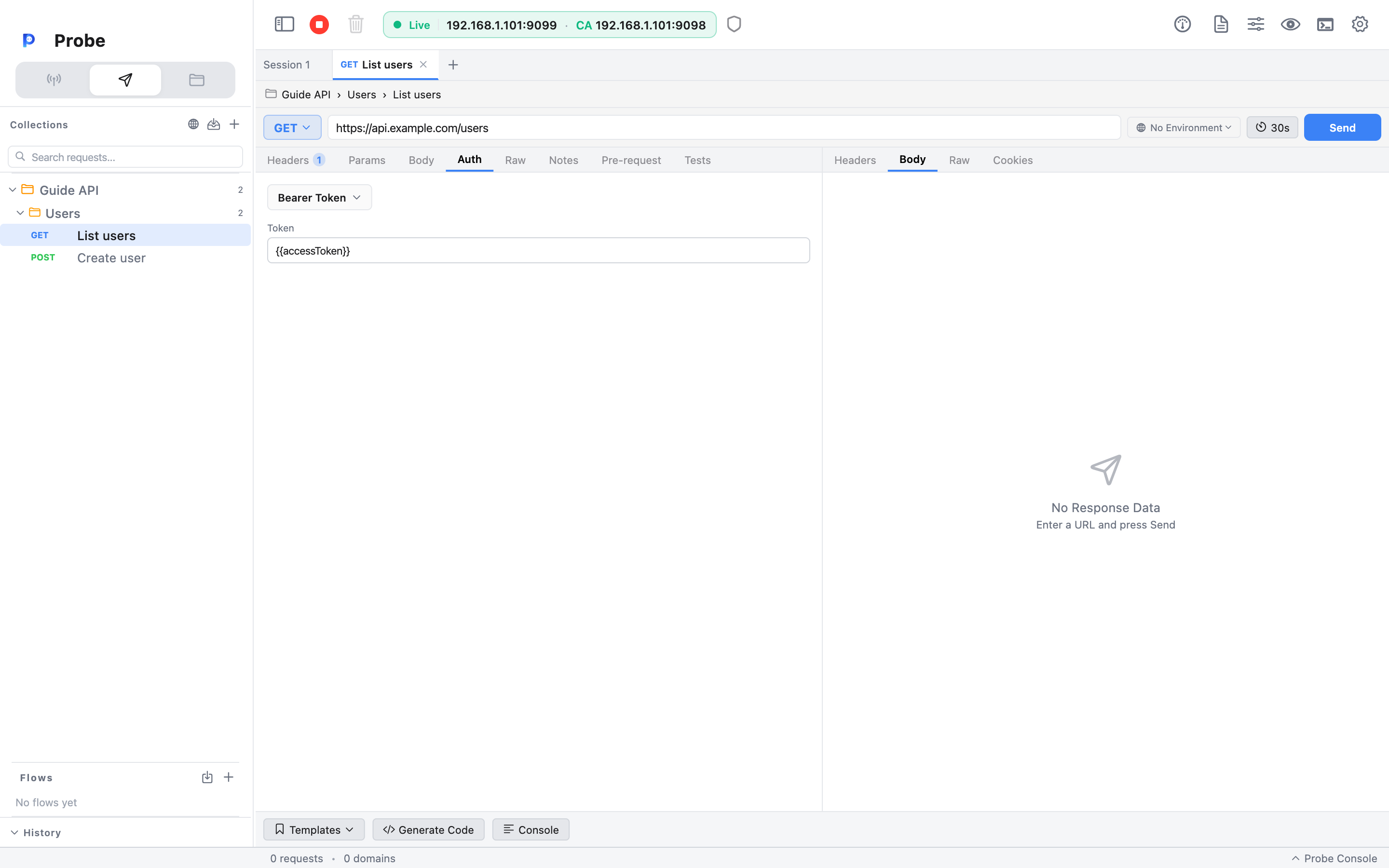 Composer request editor with the Auth sub-tab active: the auth-type selector set to Bearer Token and a Token field holding the variable {{accessToken}}