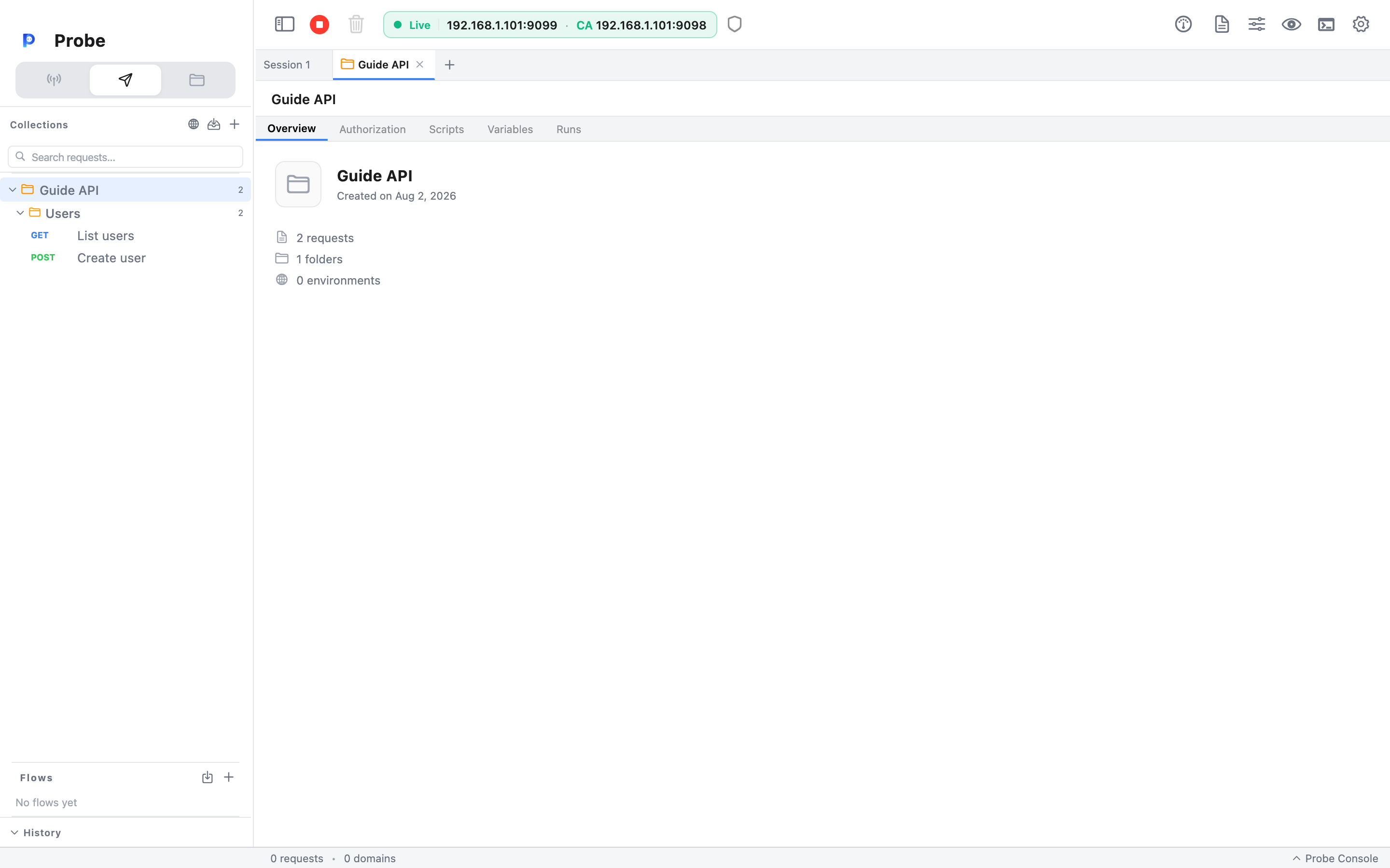Composer with the Guide API collection selected: the sidebar tree shows Guide API › Users › List users / Create user, and the collection info panel shows Overview with request/folder/environment counts