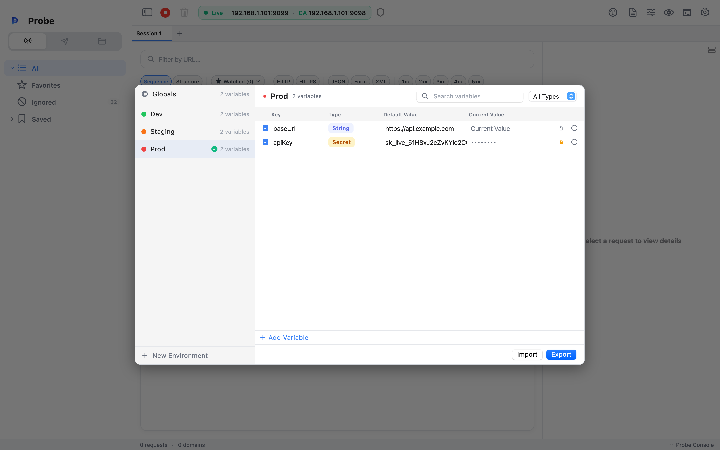 Environment Manager window: a left sidebar listing Globals plus Dev (green), Staging (orange), and the active Prod (red) environments with variable-count badges, and a right-hand variables table showing baseUrl (string) and a masked apiKey (secret) across Default Value and Current Value columns, with Add Variable, Import, and Export controls