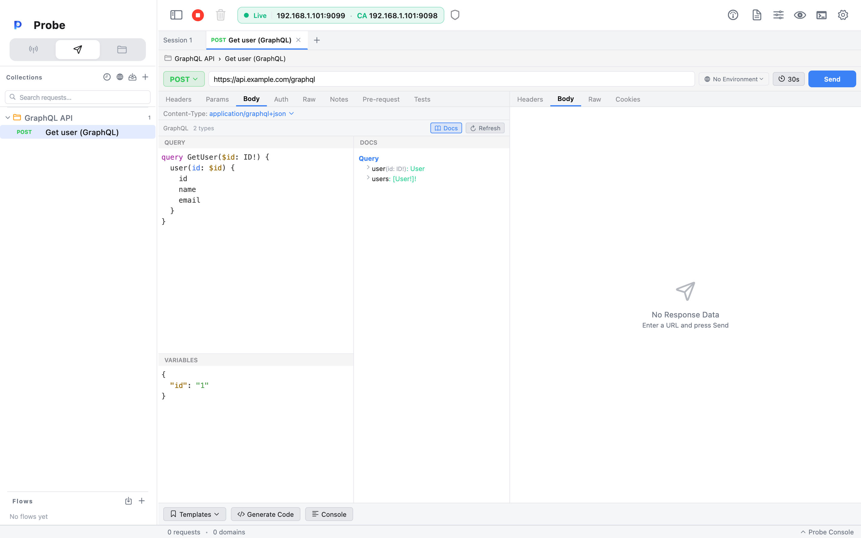 Composer body tab in GraphQL mode: the toolbar shows the schema type count with Docs and Refresh buttons, the query editor holds a nested query with an autocomplete popup, a variables editor sits below, and the docs tree lists the Query root fields on the right