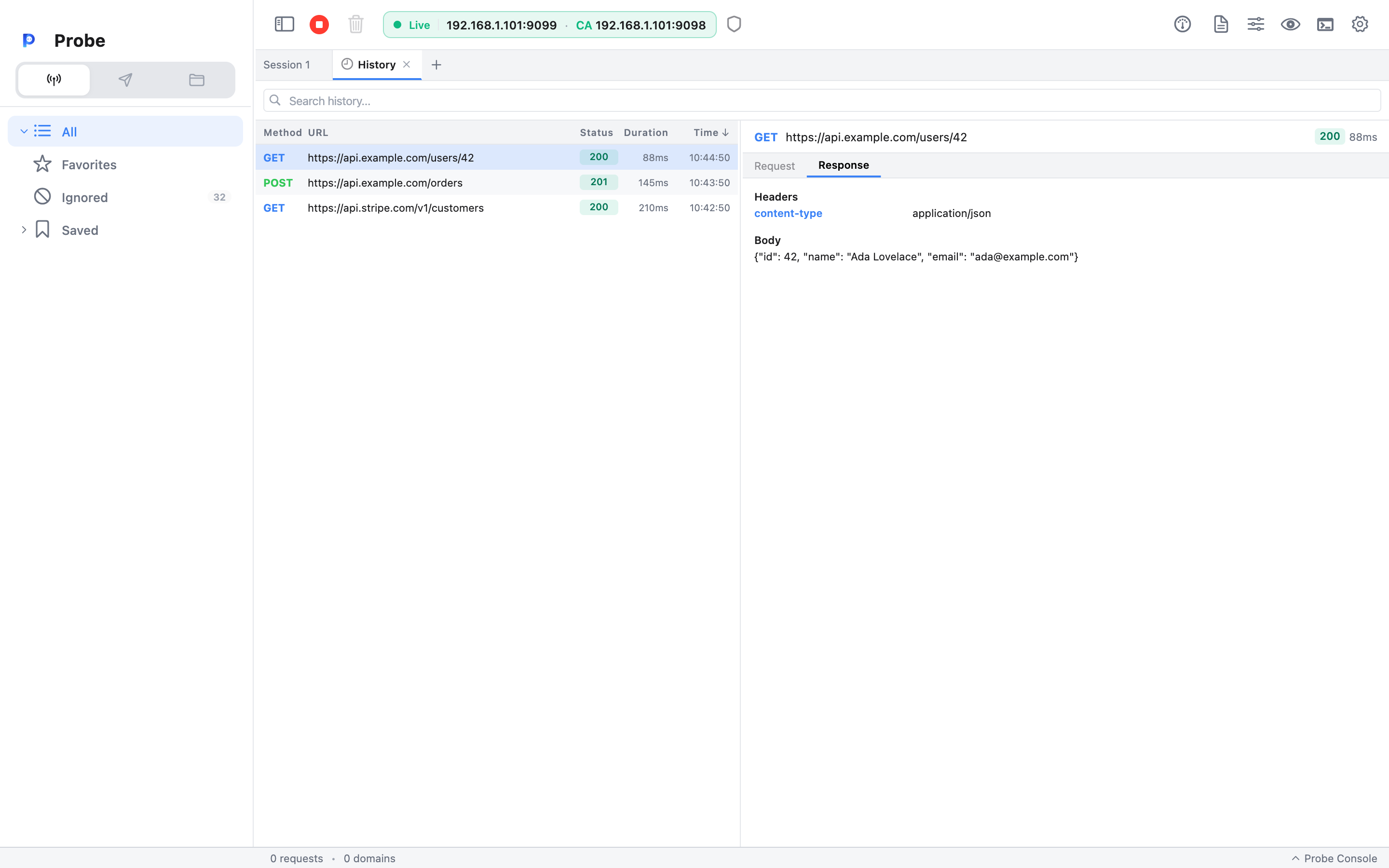History tab: a searchable table of past Composer requests on the left (method, URL, status, duration, time) and a Request/Response detail panel on the right