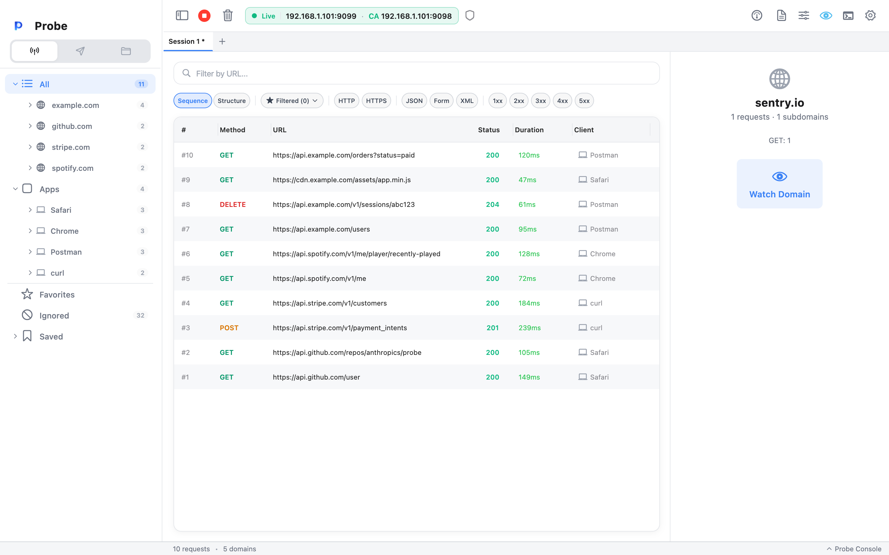 Domain Summary panel for an unwatched domain: a globe icon, the host "sentry.io", a "1 requests · 1 subdomains" line, a per-method count, and a "Watch Domain" button