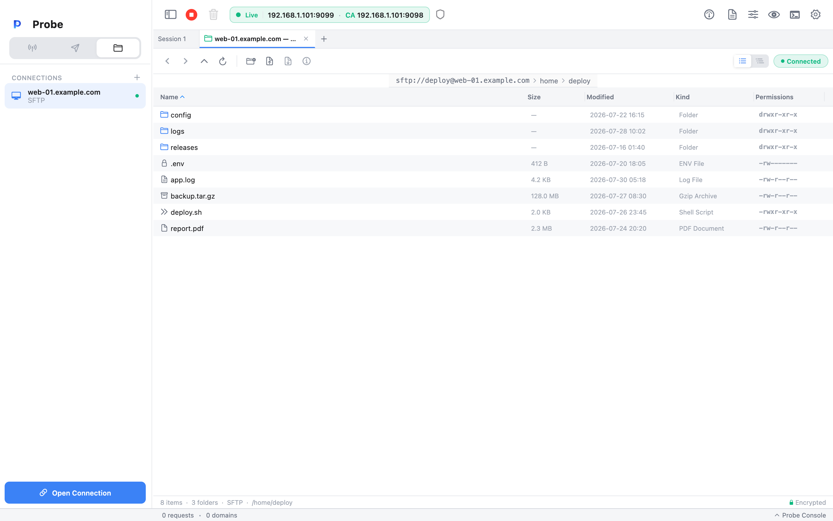 A connected SFTP browser tab showing the toolbar, a breadcrumb path bar, and a file table of folders and files with Size, Modified, Kind, and Permissions columns