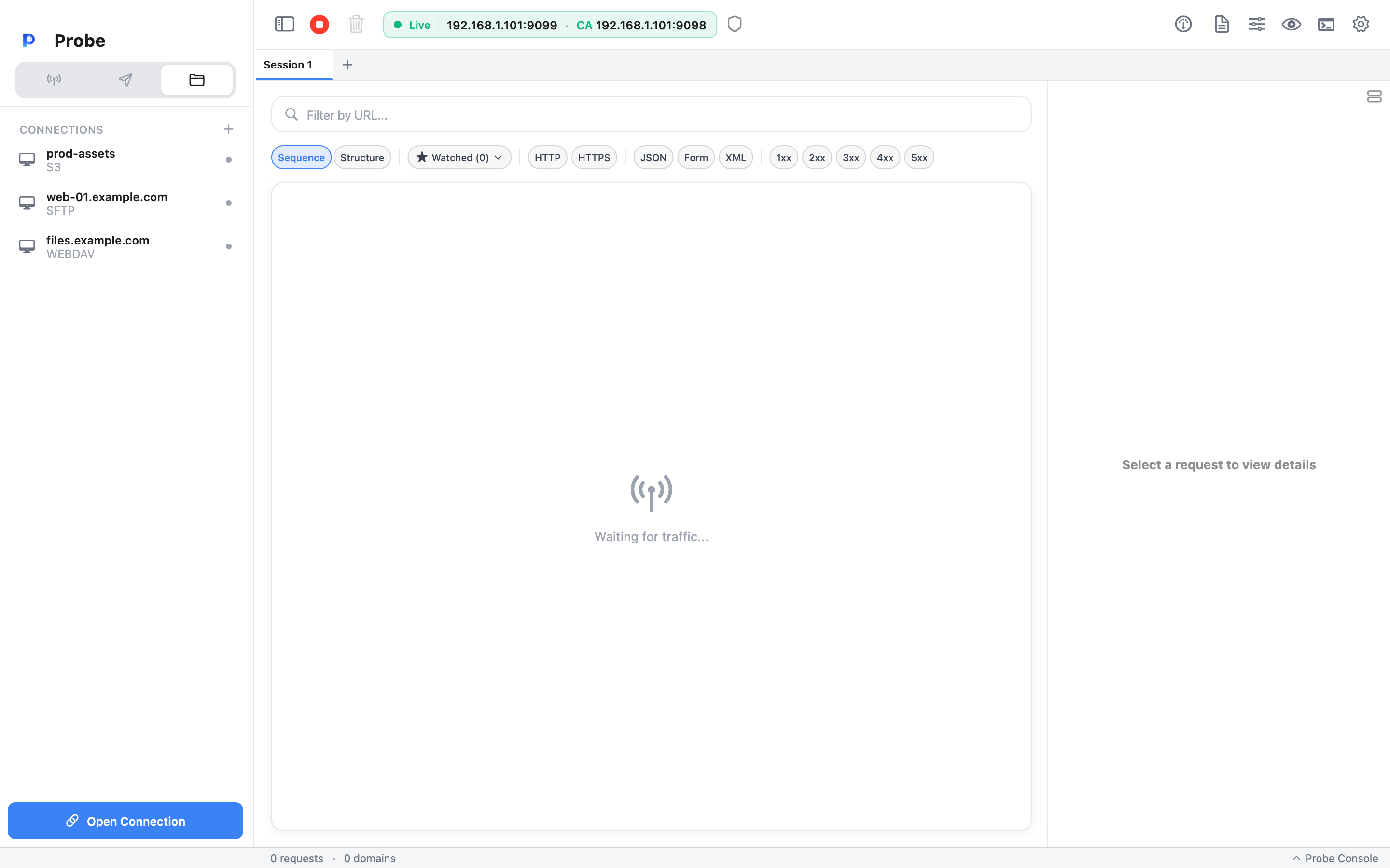 Probe with the sidebar switched to Files mode — the CONNECTIONS list shows three saved servers (prod-assets over S3, web-01.example.com over SFTP, files.example.com over WebDAV) above an Open Connection button