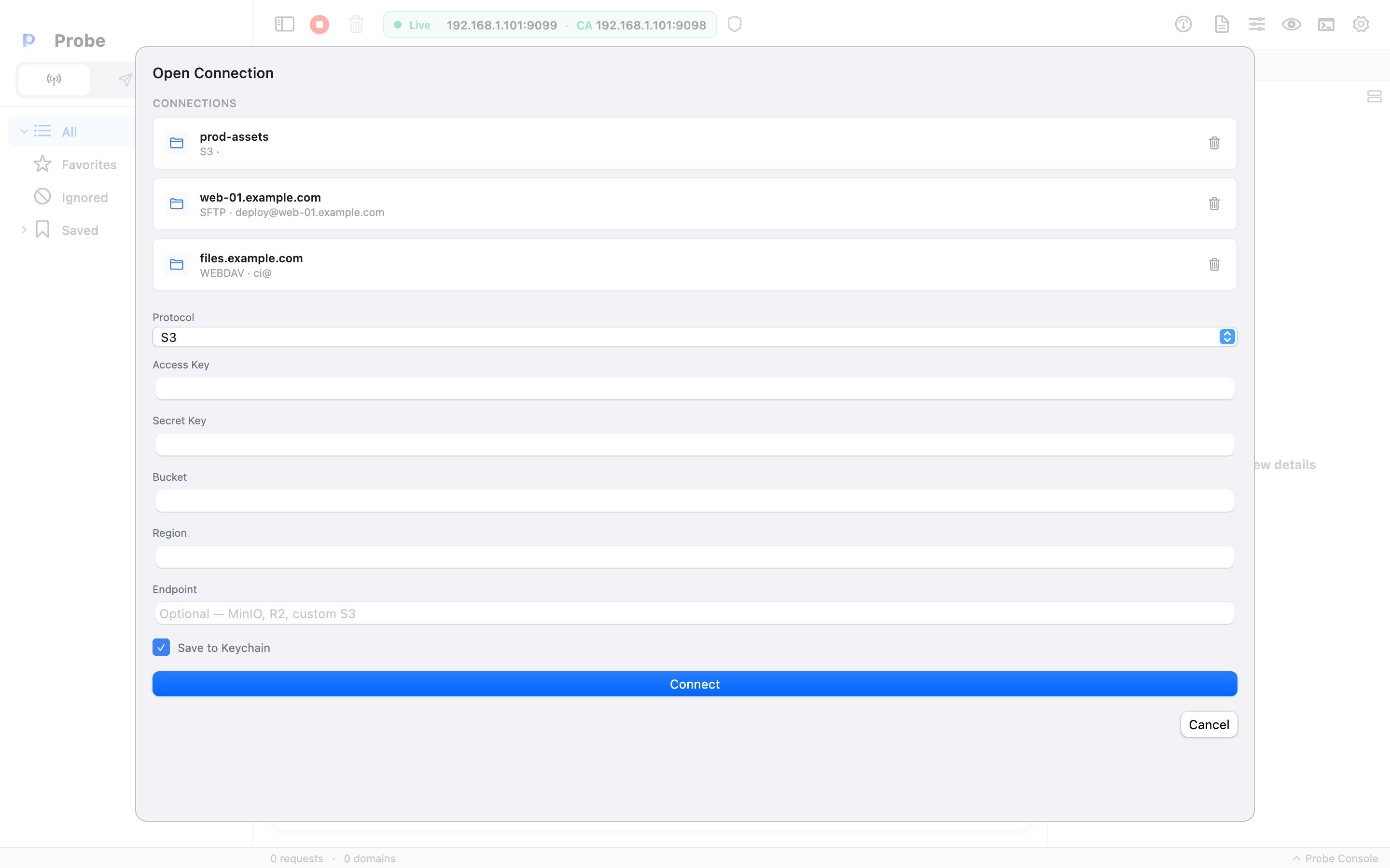 The Open Connection surface — saved bookmark cards for prod-assets (S3), web-01.example.com (SFTP), and files.example.com (WebDAV) above a new-connection form set to the S3 protocol, showing Access Key, Secret Key, Bucket, Region, and Endpoint fields, a Save to Keychain checkbox, and a Connect button