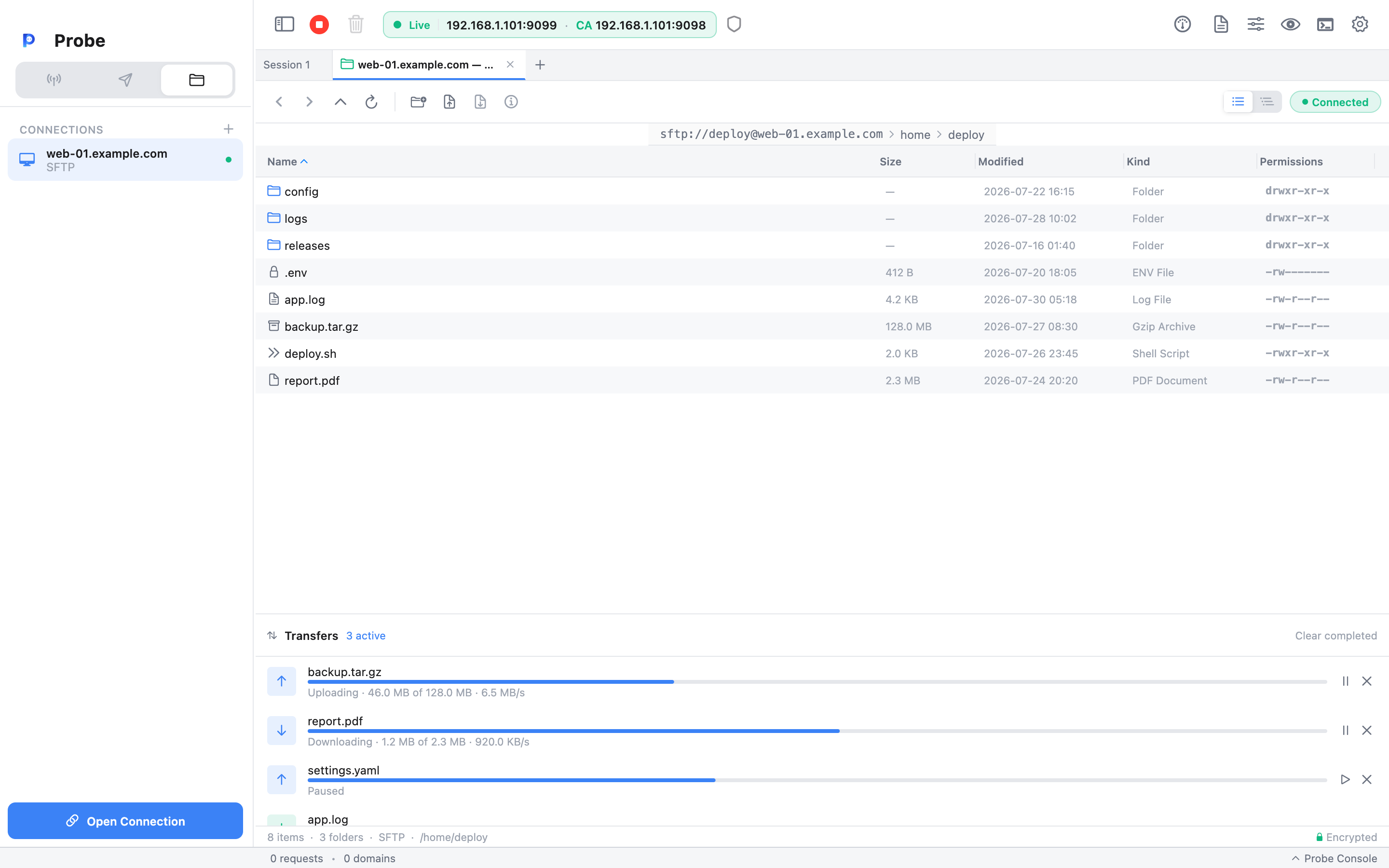 The docked transfer queue showing a header with an active count and Clear completed action, above rows with a direction icon, file name, progress bar, and byte/speed detail