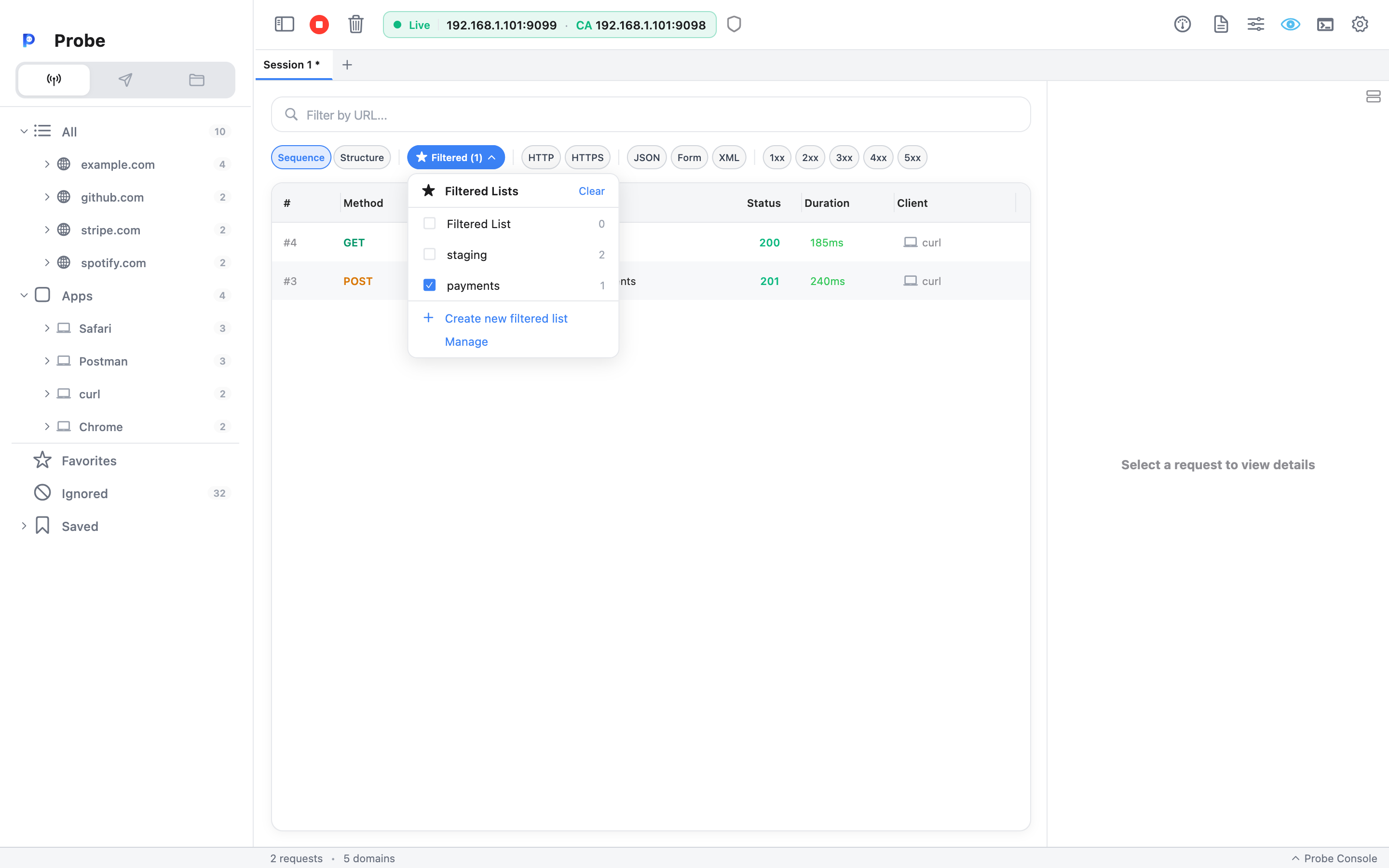 The Filtered Lists dropdown open from the filter bar — checkbox rows for each list with a count, plus Create and Manage actions