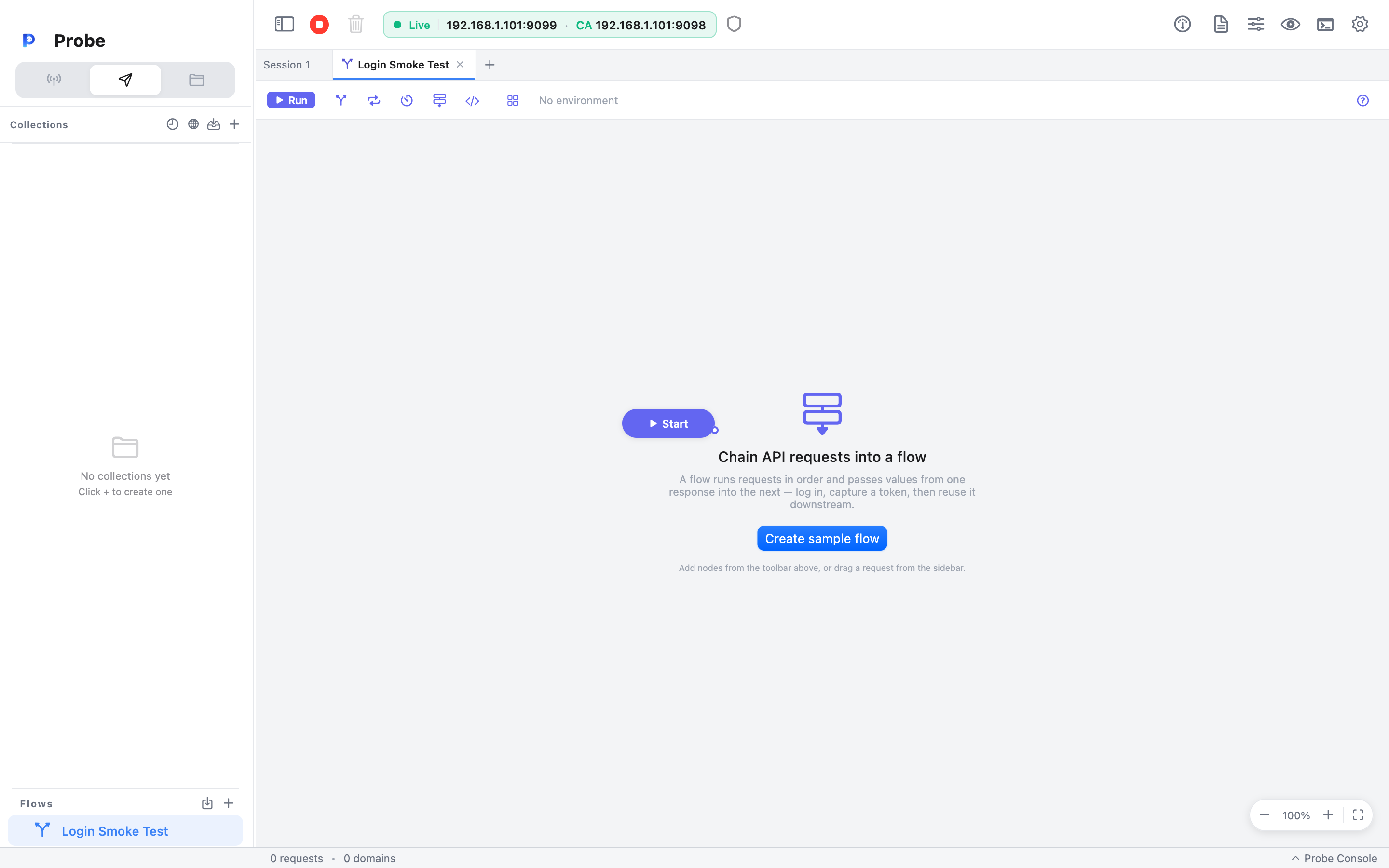 A brand-new flow: an empty canvas with just a Start node and an onboarding panel headed 'Chain API requests into a flow' with a 'Create sample flow' button
