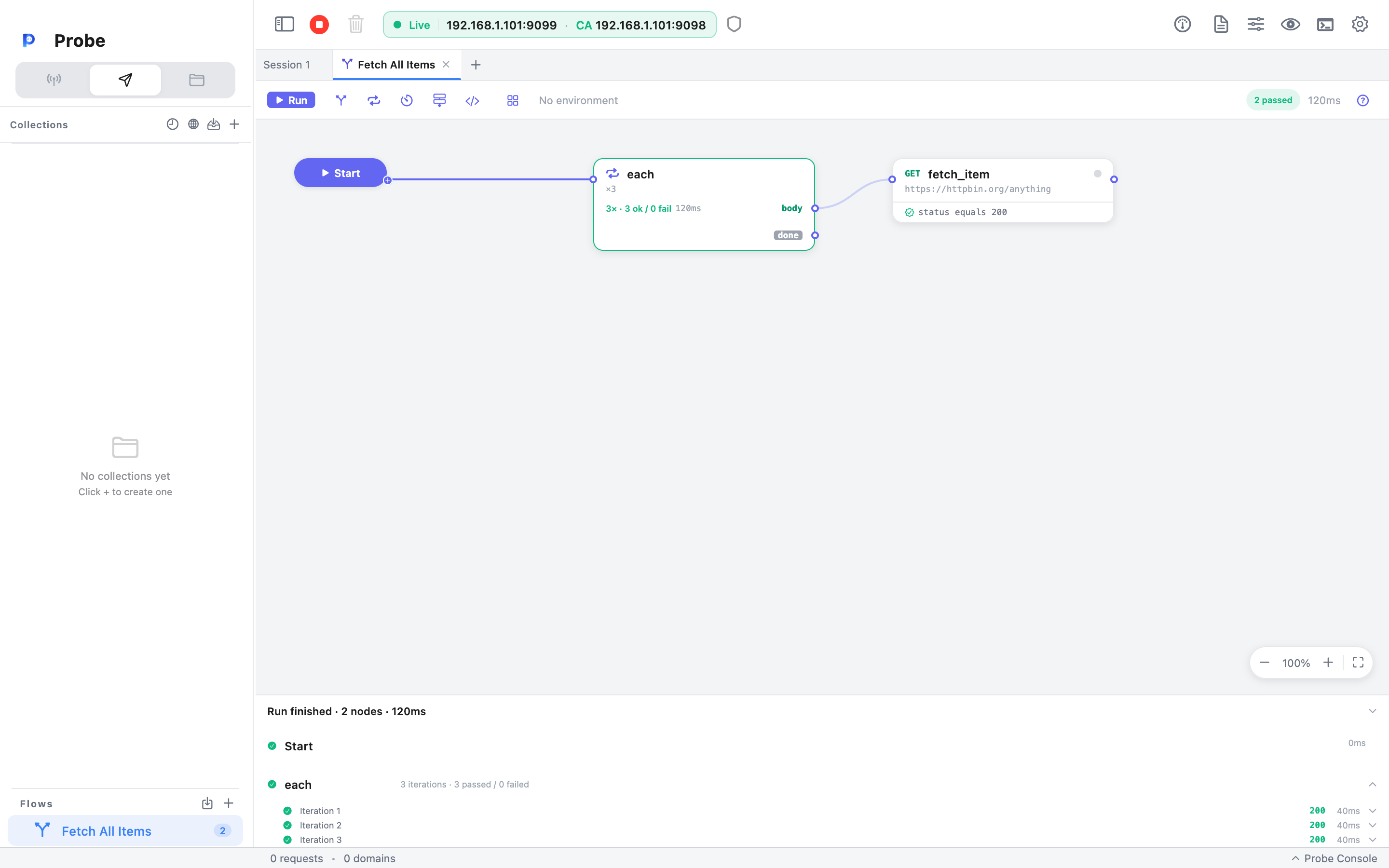 A loop node named 'each' set to run three times, its body out-port wired to a fetch_item GET request; the run report below is expanded to show the loop ran 3 iterations, all passed, each taking about 40ms