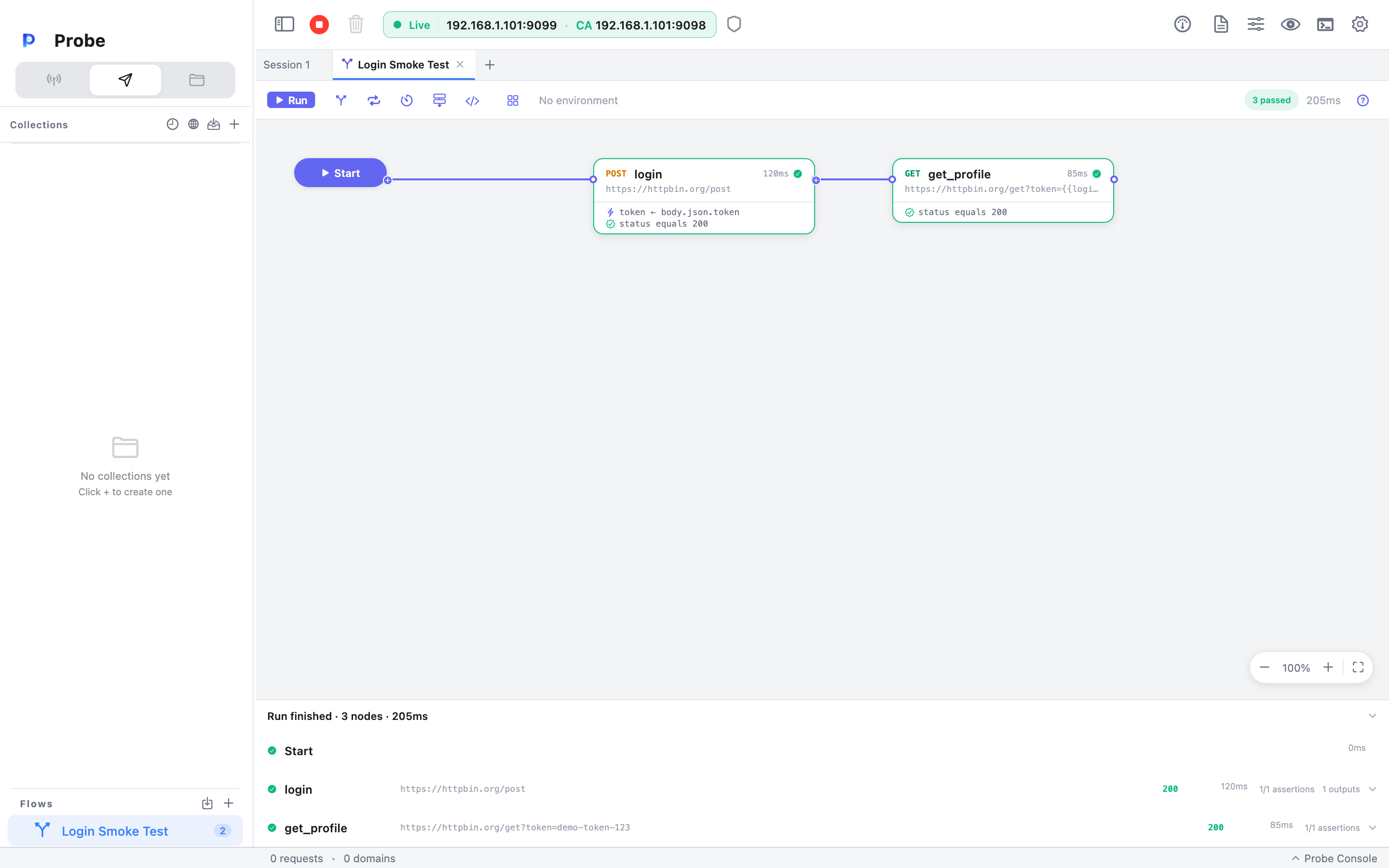 A Flow open on the canvas: a Start node connects to a Login request node, which extracts a token and feeds a Get Profile request node, with the run report panel docked at the bottom showing pass/fail status for each node