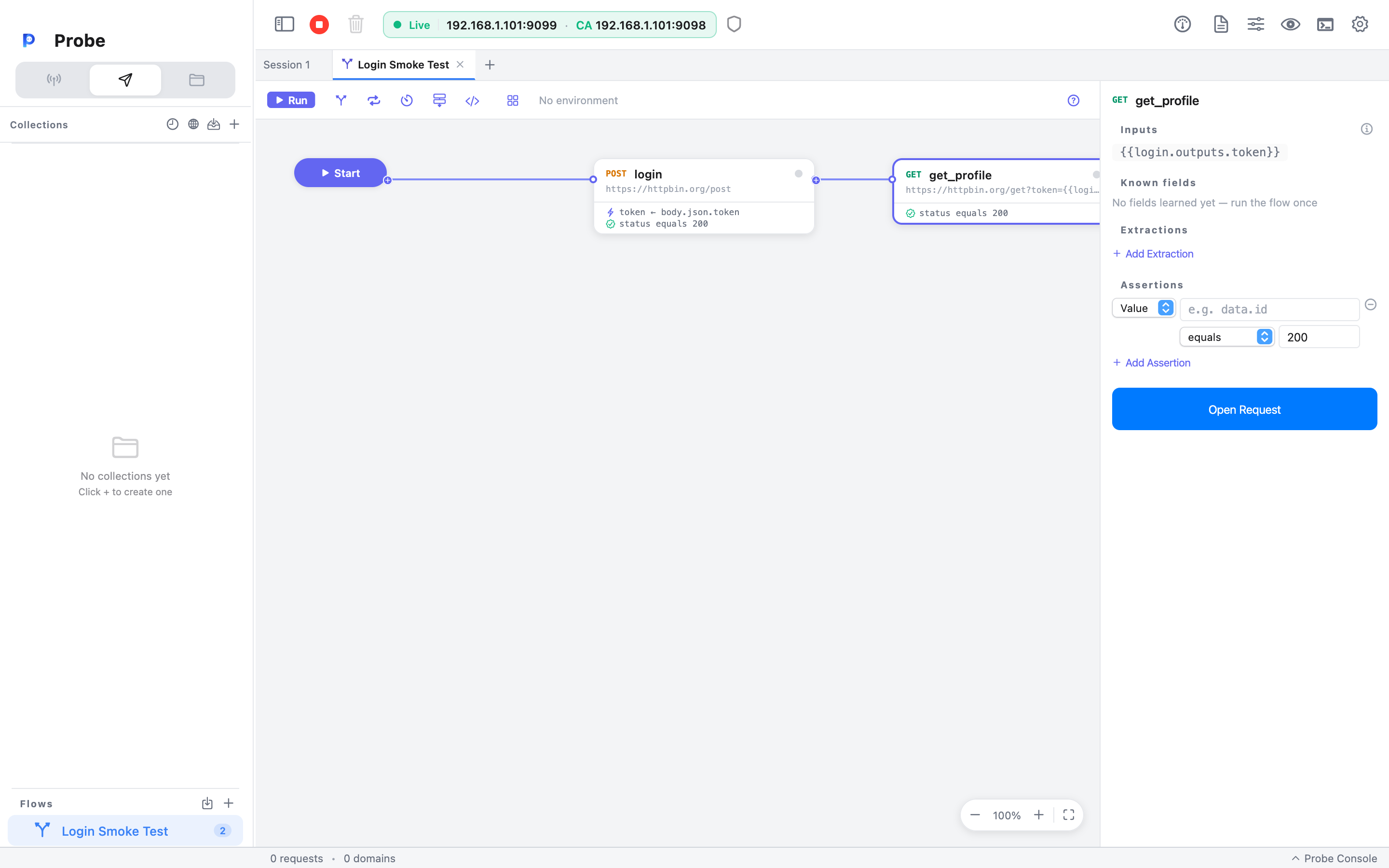 The Login → Get Profile flow on the canvas with the Get Profile node selected; its inspector is open on the right showing Inputs, Extractions, and Assertions, while the node card carries the token={{login.outputs.token}} reference in its URL
