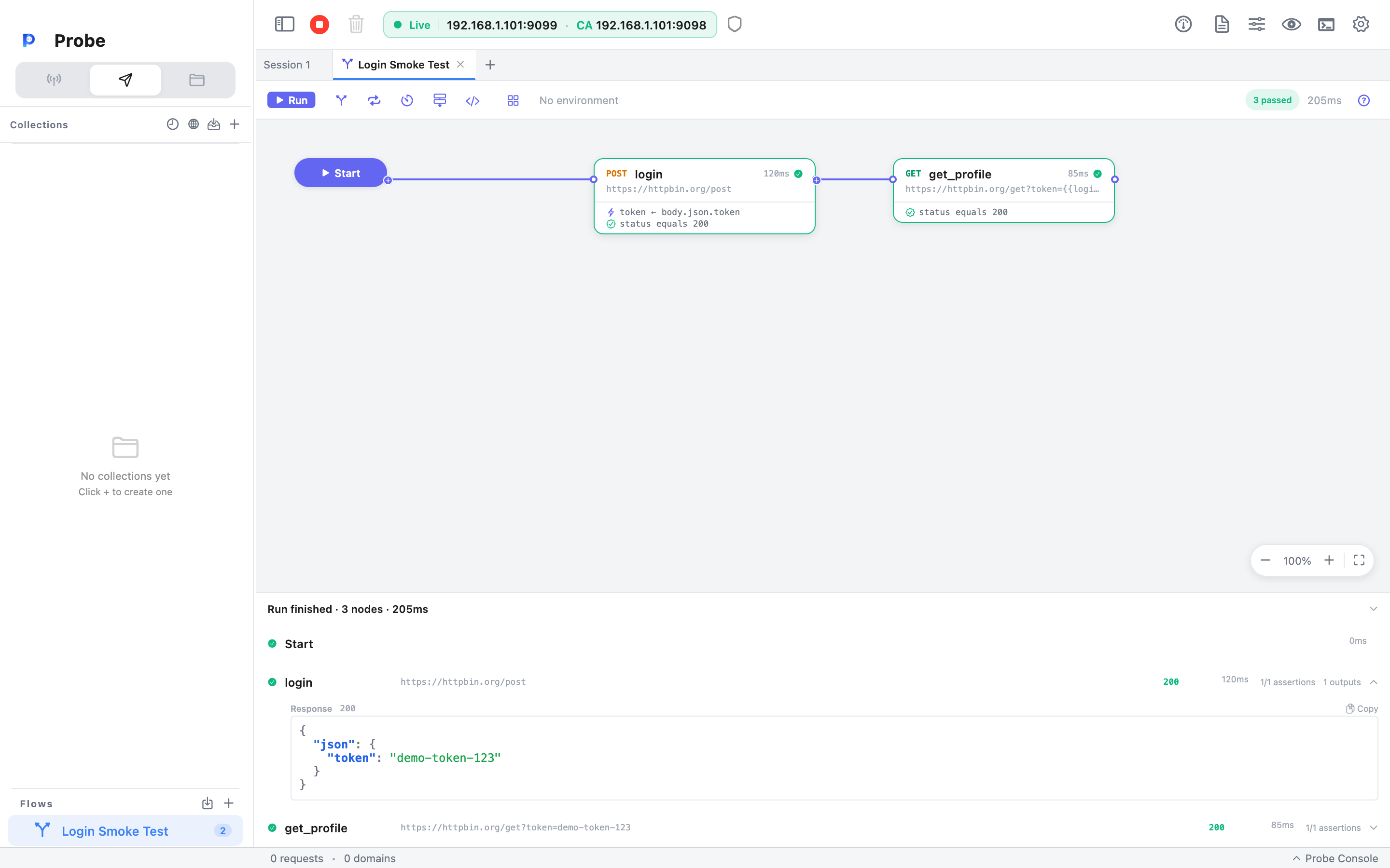 The run report panel after a passing run: Start, login, and get_profile rows each with a green check, status 200, per-node duration, and assertion counts; the login row is expanded to show its pretty-printed JSON response body