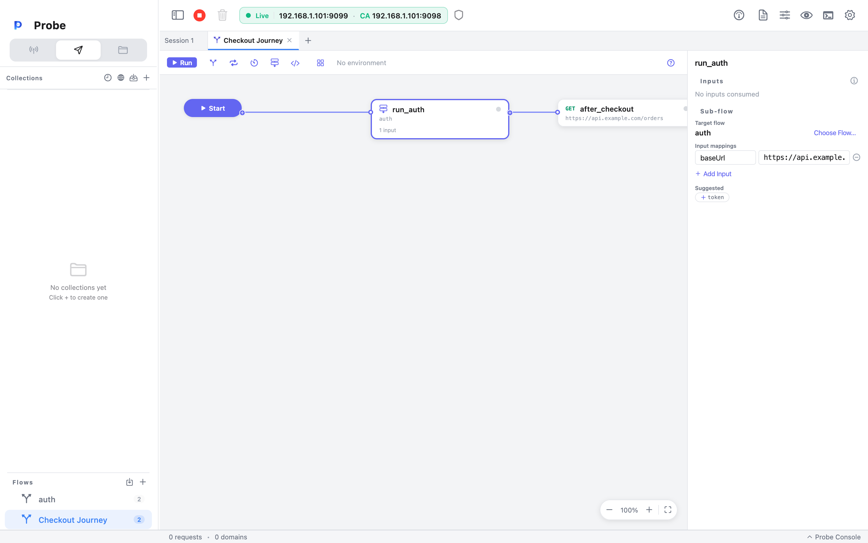 A Checkout Journey flow: Start → a run_auth sub-flow node (targeting the 'auth' flow, 1 input) → an after_checkout request. The selected sub-flow node's inspector shows its target flow, a baseUrl input mapping, and a suggested 'token' input