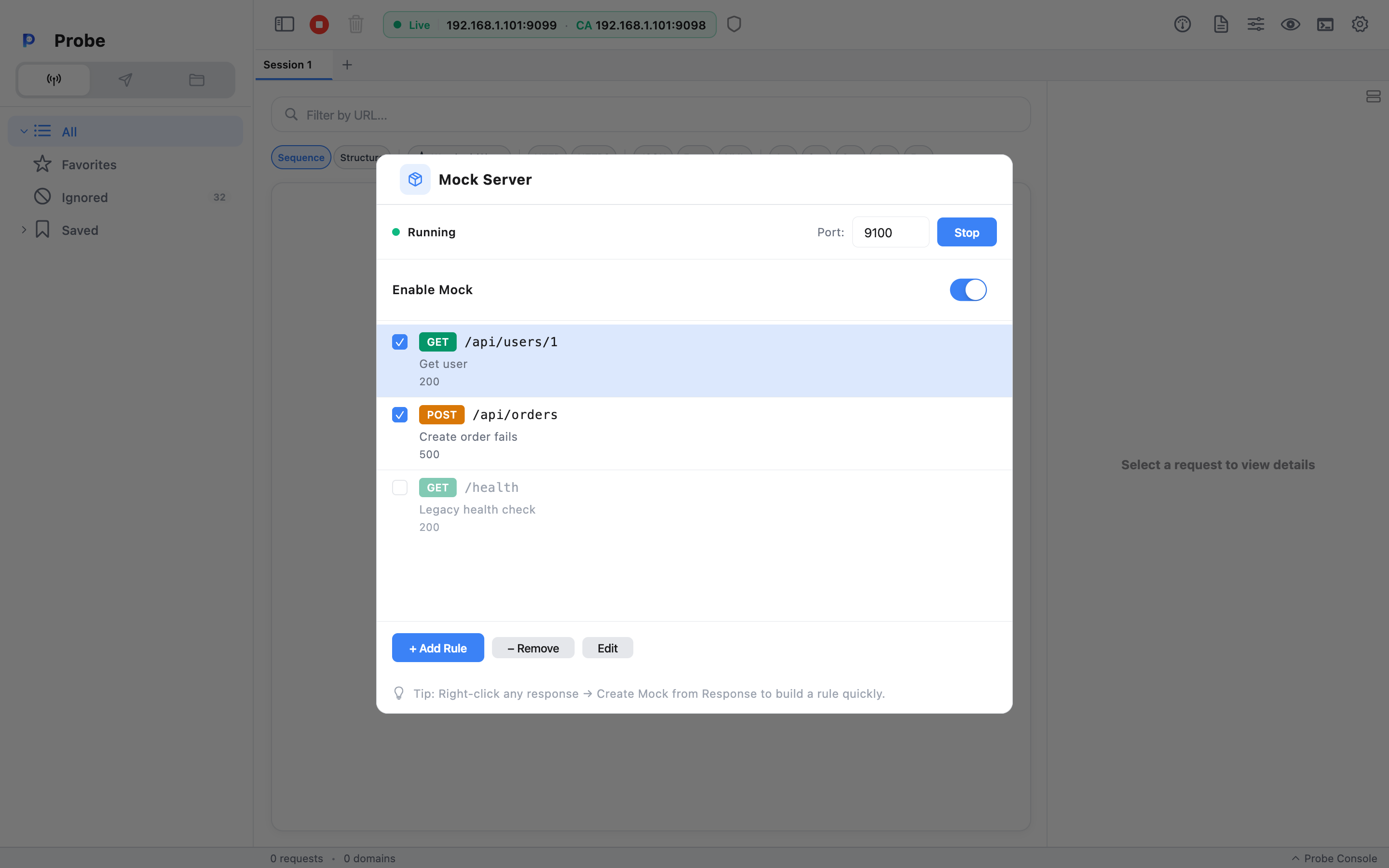 Mock Server manager showing the rule list, master enable toggle, and start/stop controls