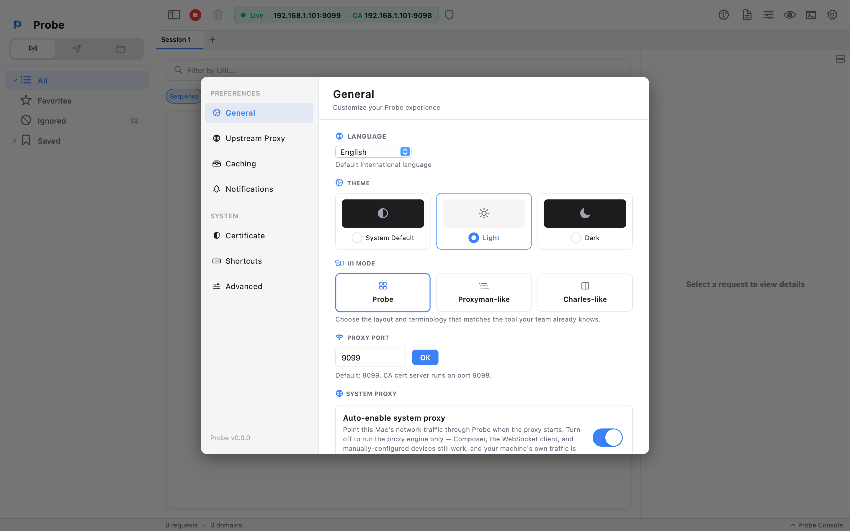 Probe Settings window on the General page: a left rail listing the PREFERENCES group (General, Upstream Proxy, Caching, Notifications) and SYSTEM group (Certificate, Shortcuts, Advanced), and a content panel with Language, Theme, UI Mode, Proxy port, and the Auto-enable system proxy toggle
