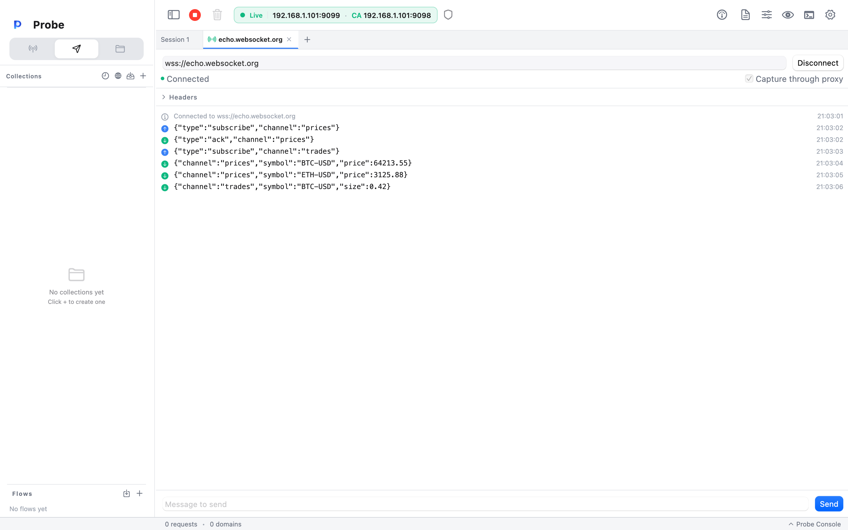 WebSocket client tab with a URL bar, headers editor, message log, and a message composer