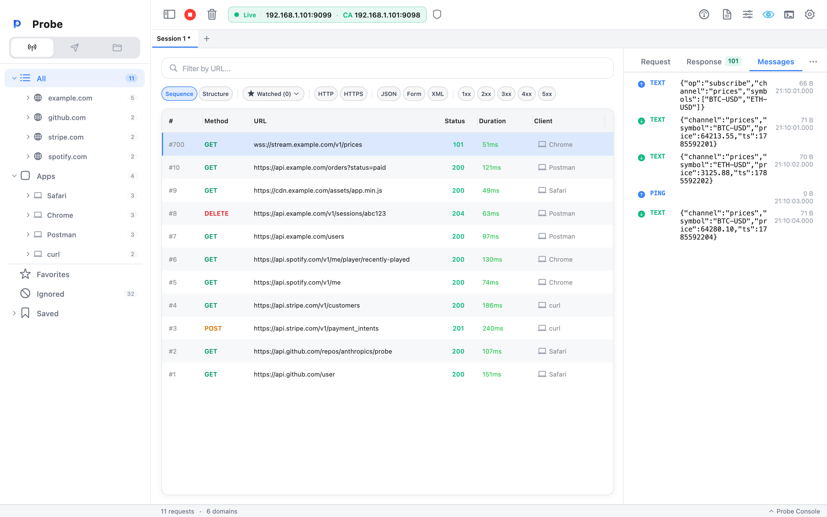 Detail panel Messages tab listing captured WebSocket frames with direction arrows and opcodes